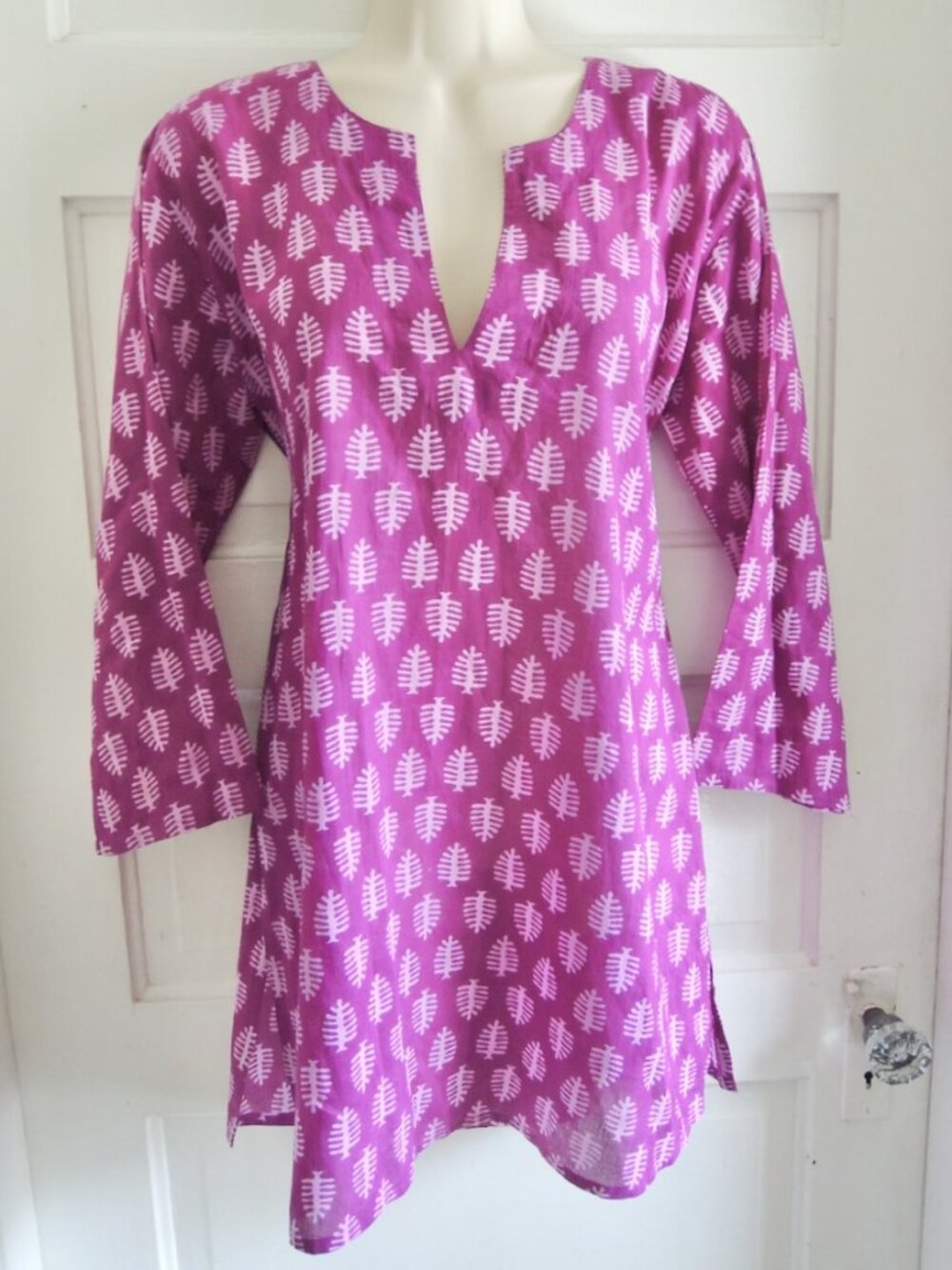 Purple Print Indian Cotton Kurti Tunic M